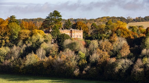 Elevated, landscape view of the park at Hughenden with the manor house, surrounded by trees, in the distance